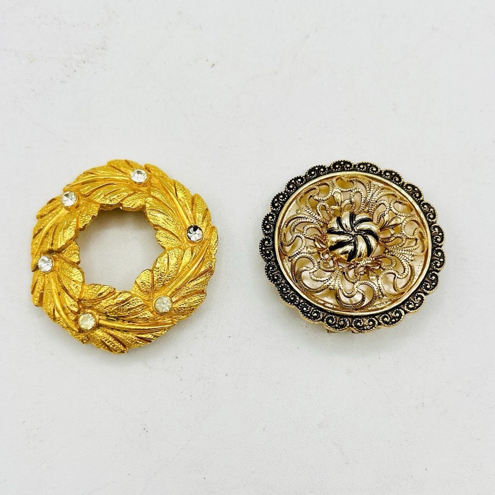 Vintage 2pc Lot Lieba USA West Germany Scarf Clip Gold Crystal Leaf Filigree